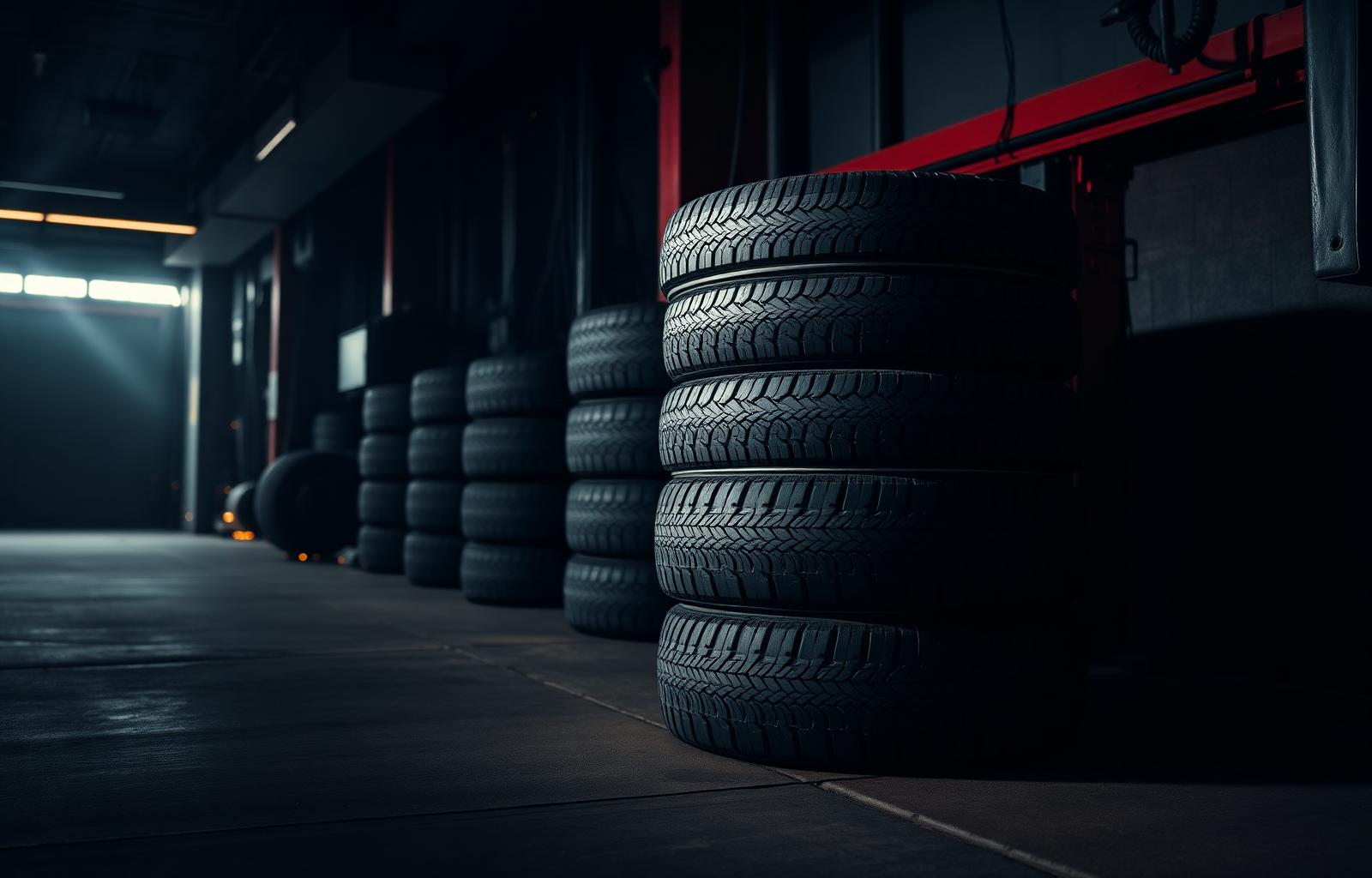 Stack of tyres at Star Auto Tyres workshop in Edgware
